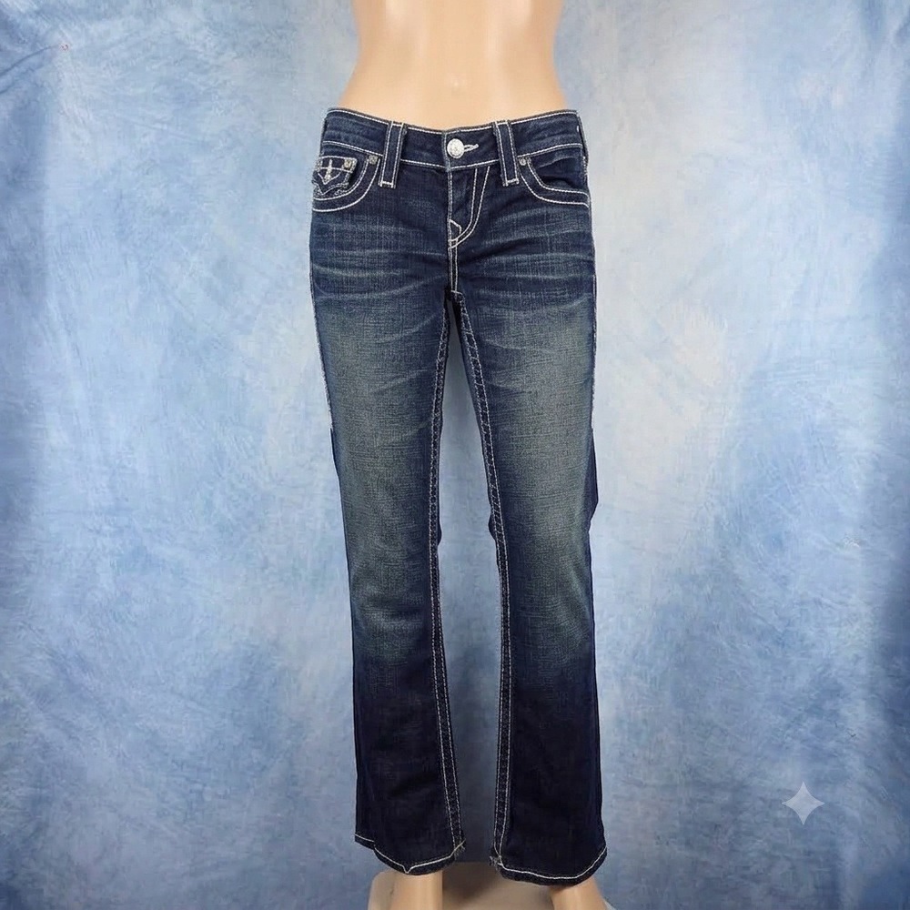True Religion Billy Super T Dark Wash Bootcut Jeans White Stitching Size 28
